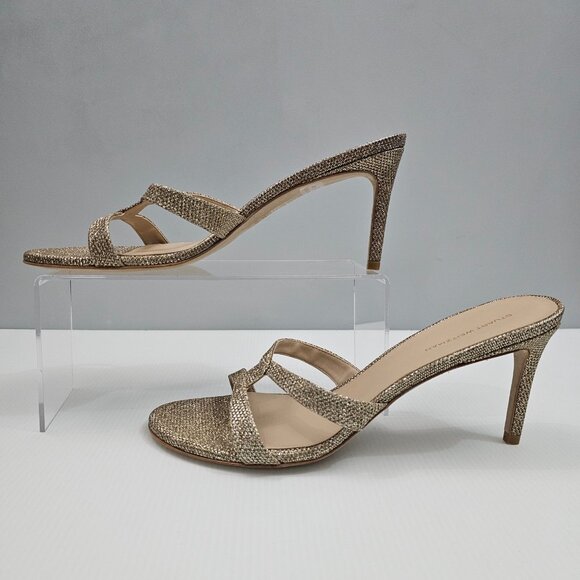 Stuart Weitzman Soiree Shimmer Heels Womens 9.5 Gold Strappy Evening Sandal - Picture 2 of 12